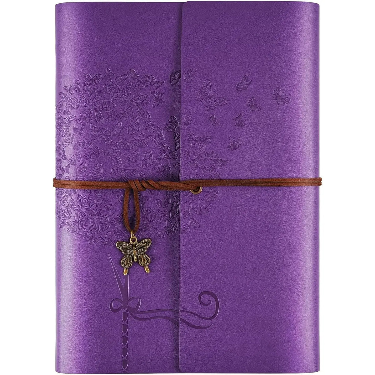OMEYA A5 Leather Journal Notebook, Refillable Trifold Planner with Zipper Pocket, Dandelion & Butterfly Embossed Writing Diary with Card Slots & Strap Closure, 100gsm Thick Lined Paper (Blue/Pink/Purple/Brown)