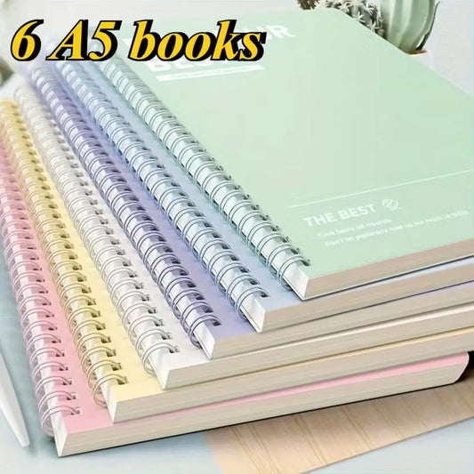 6 Spiral Notebook Set, A5 Lined Journal, Plastic Cover, Durable Paper, Vocabulary Practice Book, Academic Supplies, Stationery Supplies, Studying Essentials