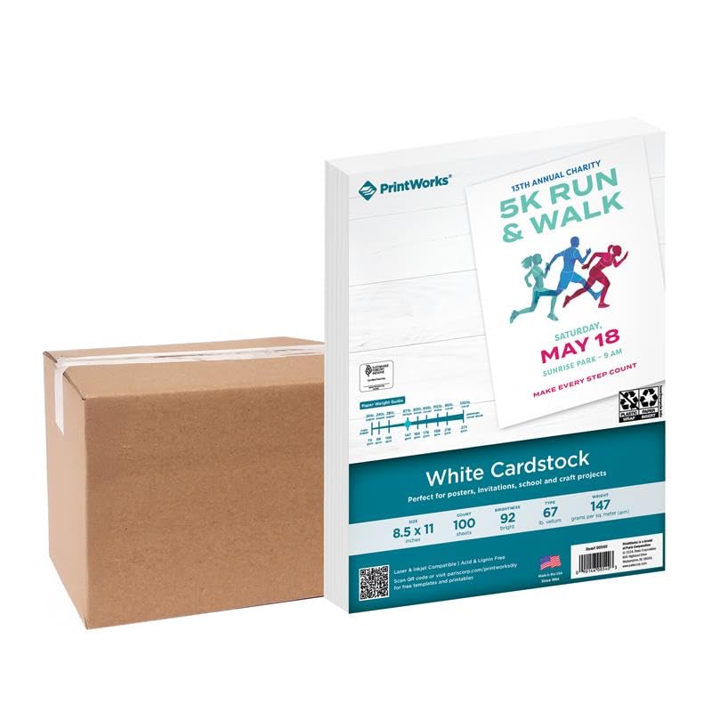 PrintWorks White Cardstock 8.5" x 11" - 67 lb/147 gsm Vellum Bristol - 100 Sheets - Made in the USA - SFI® Certified - 92 Bright - Card Stock Printer Paper for School, Craft, & Office Use (00540)