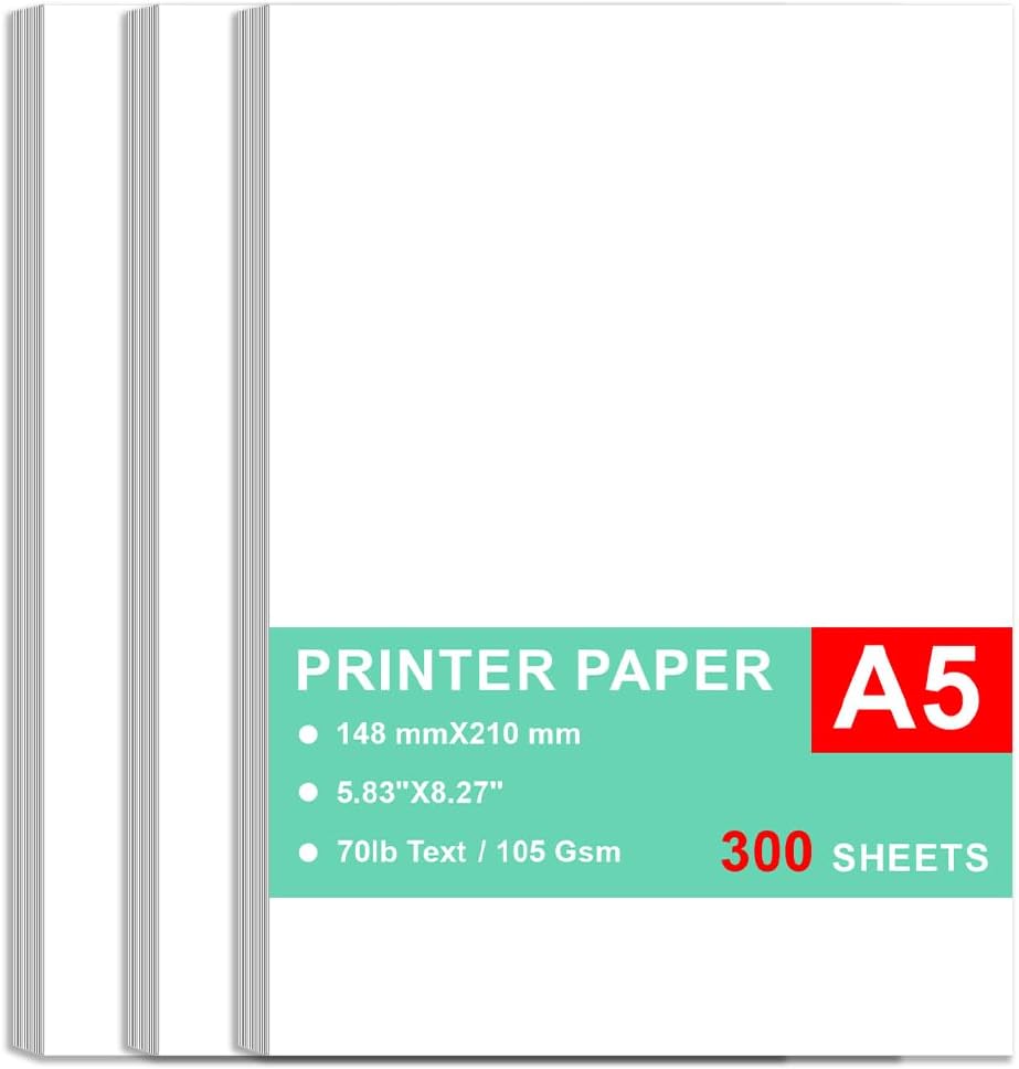 Printer Paper - 300 Sheets, A5 Premium Bright White Paper, 28lb Bond / 70lb Text (105 gsm) Bright White Paper – Great for Copy, Printing, Writing, 5.83" x 8.27" (148 x 210 mm)