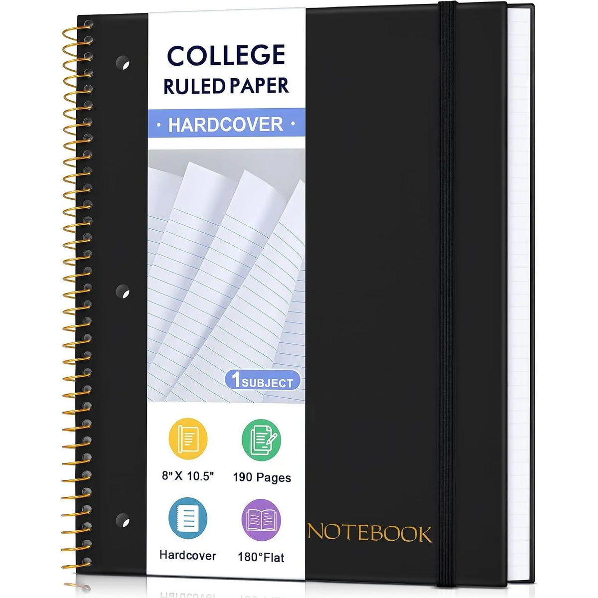Modern 1-Subject Spiral Notebook for Students, College Ruled, 8"x10.5", 3-Hole Punched Perforated Pages, 95 Sheets, Black, Ideal for School, Office Use (Computers & Office Stationery Supplies)