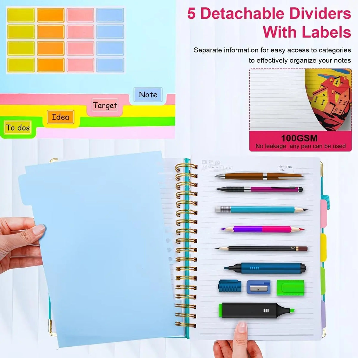 A5 Spiral Notebook with Ruler, 300 Pages Hard Cover, 100gsm Thick Paper, Vintage Style, Leather-Like Cover, Ideal for Work, School, University Planning