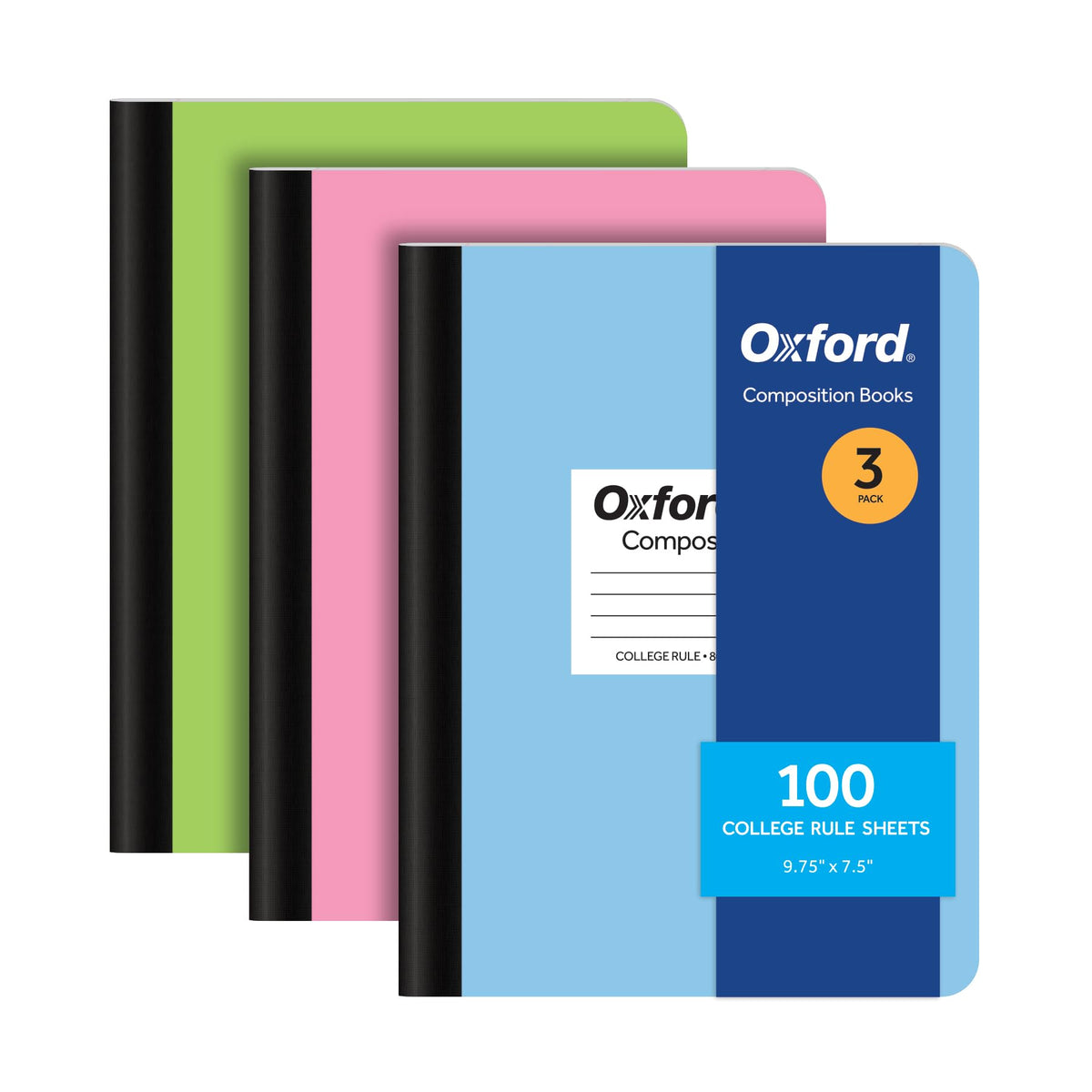 Oxford Composition Notebooks, 9-3/4 x 7-1/2 Inch School Journals, College Ruled Paper, Pastel Color Covers, 100 Sheets per Book, 3 Pack (1002520)