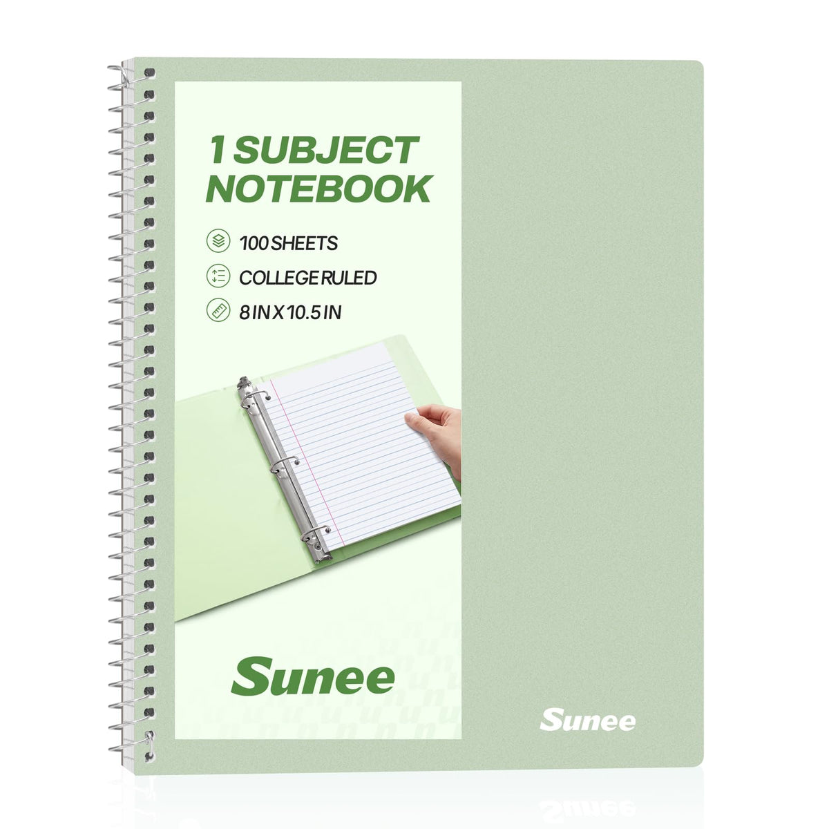 SUNEE Spiral Notebook, 1-Subject, College Ruled Paper, 8" x 10-1/2", 100 Sheets per Notebook, 3-Hole Punched Paper, Water Resistant Cover, Double-sided Pockets, Spiral Lined Notebooks for Work, Black