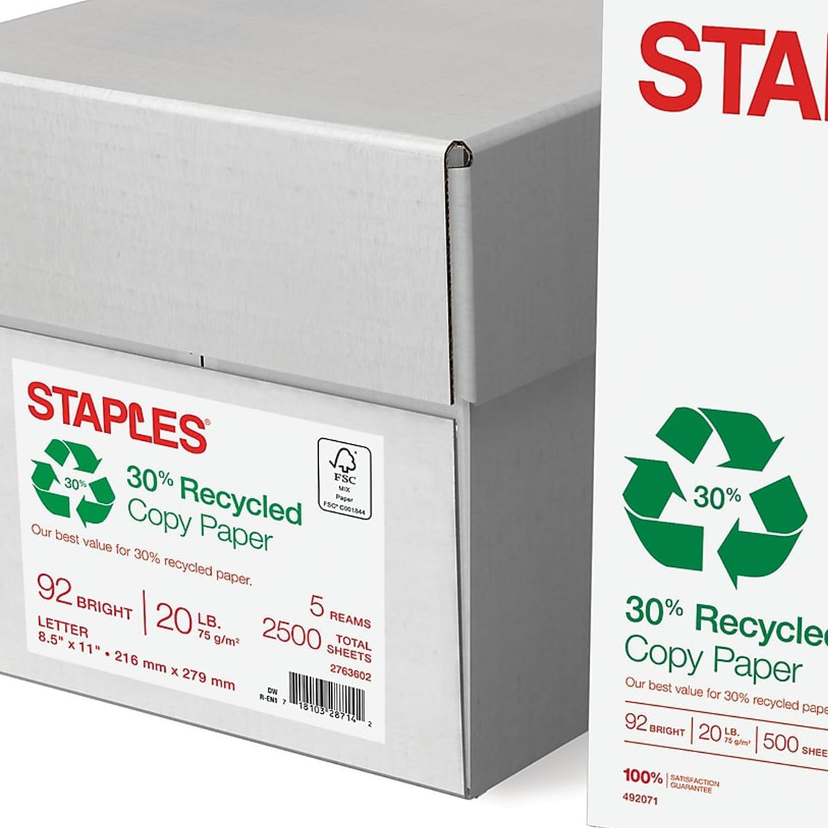 Staples 30% Recycled Copy Paper, 8.5x11 In, 20 lb, 92 Bright, 5/Ctn