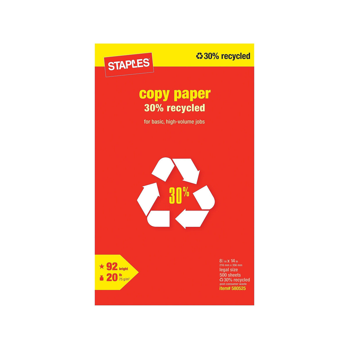 Staples 30% Recycled Copy Paper, 8.5x11 In, 20 lb, 92 Bright, 5/Ctn