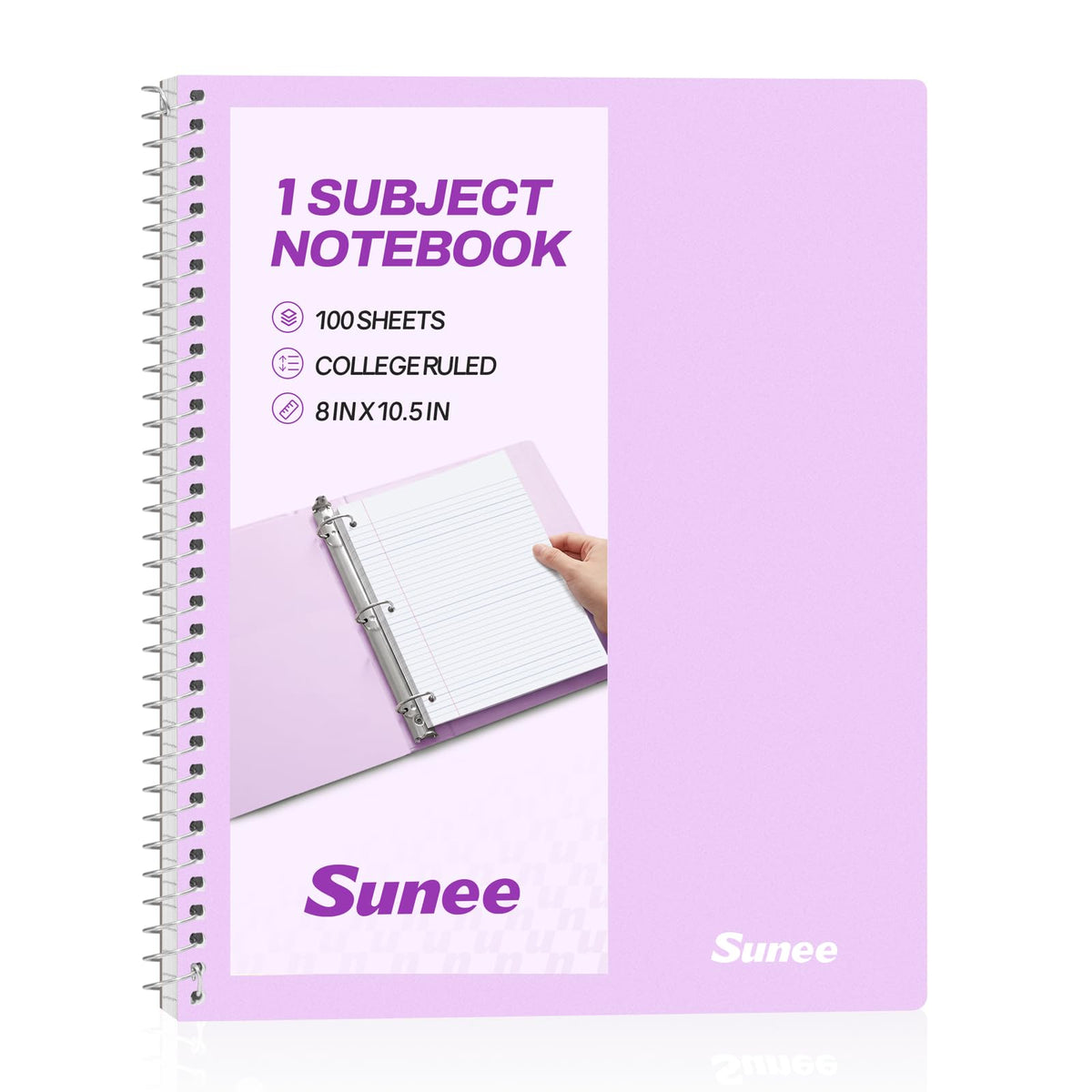 SUNEE Spiral Notebook, 1-Subject, College Ruled Paper, 8" x 10-1/2", 100 Sheets per Notebook, 3-Hole Punched Paper, Water Resistant Cover, Double-sided Pockets, Spiral Lined Notebooks for Work, Black