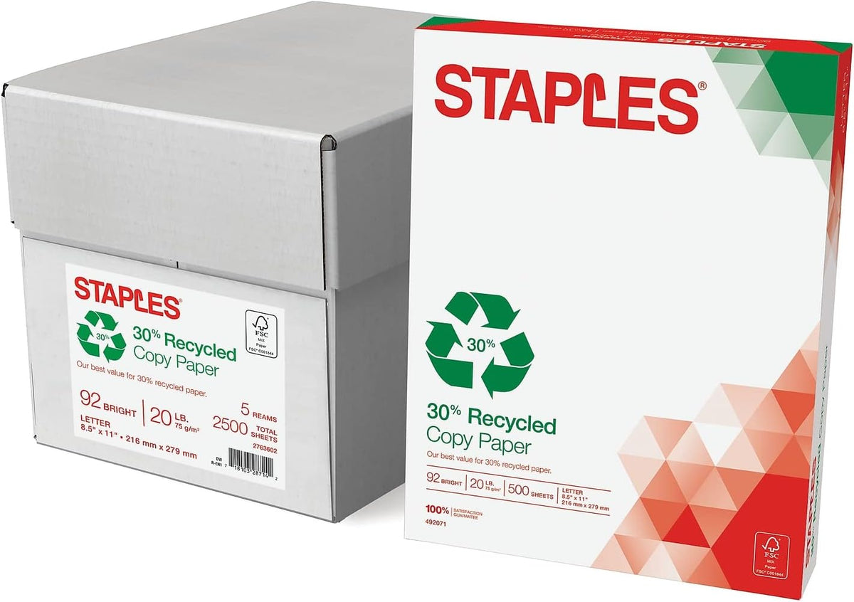 Staples 30% Recycled Copy Paper, 8.5x11 In, 20 lb, 92 Bright, 5/Ctn
