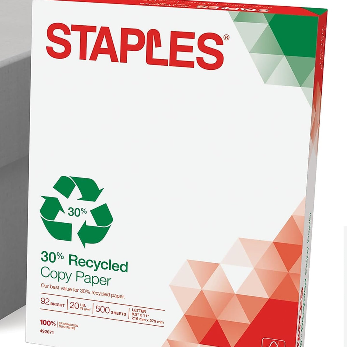 Staples 30% Recycled Copy Paper, 8.5x11 In, 20 lb, 92 Bright, 5/Ctn