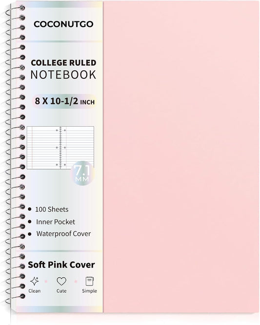 Pastel Pink Spiral Notebook, 1 Subject College Ruled, 10.5 x 8 in, 100 Sheets, 3-Hole Punched Perforated Pages, Flexible Plastic Cover, Double Pocket Folder for School Notes