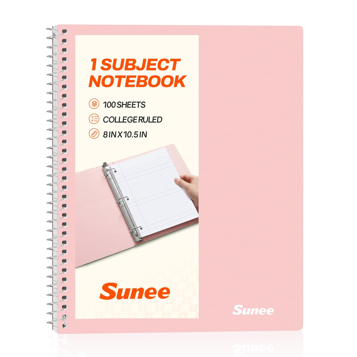 SUNEE Spiral Notebook, 1-Subject, College Ruled Paper, 8" x 10-1/2", 100 Sheets per Notebook, 3-Hole Punched Paper, Water Resistant Cover, Double-sided Pockets, Spiral Lined Notebooks for Work, Black