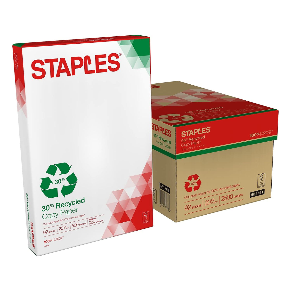 Staples 30% Recycled Copy Paper, 8.5x11 In, 20 lb, 92 Bright, 5/Ctn