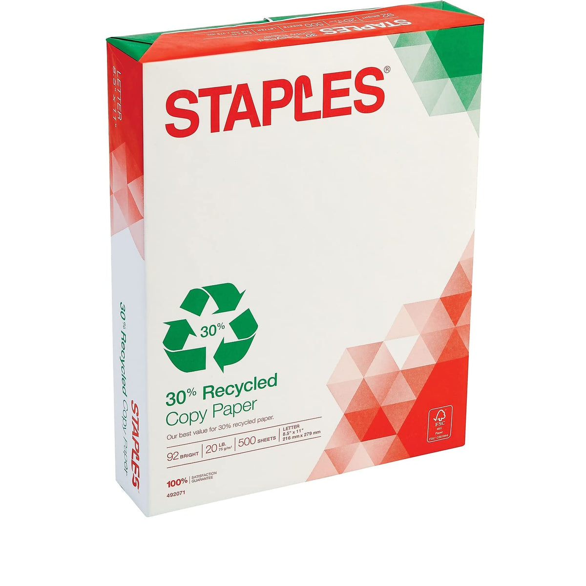 Staples 30% Recycled Copy Paper, 8.5x11 In, 20 lb, 92 Bright, 5/Ctn