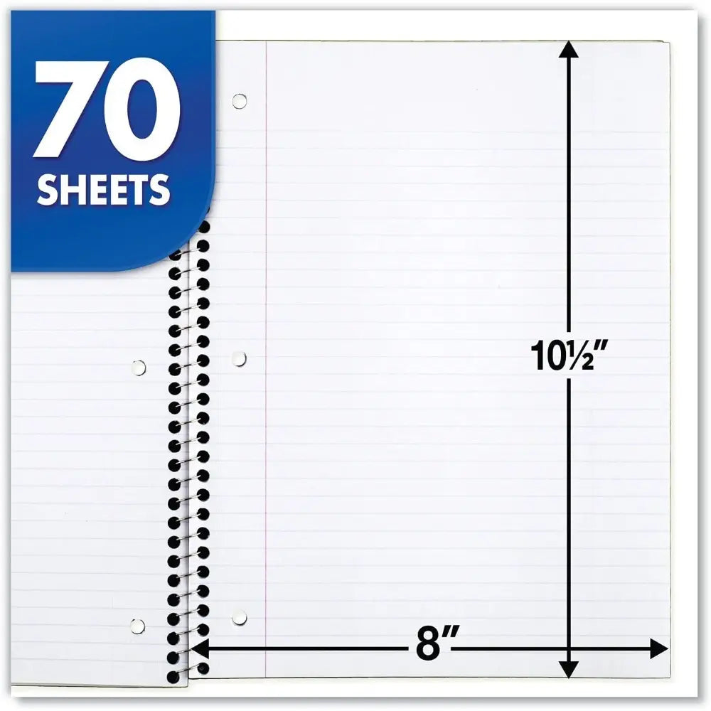 6 Pack 1‑Subject Notebook, College Ruled Paper, 7‑1/2" x 10‑1/2", 70 Sheets Each Notebook, Colors Will Vary for School & Daily Note‑Taking