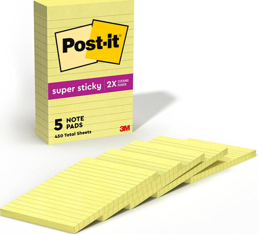 Post-it Super Sticky Lined Notes, 5 Sticky Note Pads, 4 x 6 in., School Supplies for Students, Ideal for Textbooks, Notebooks, Walls and Vertical Surfaces, Canary Yellow