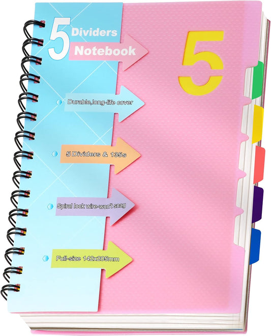 CAGIE 5 Subject Notebook, Small Spiral Notebook with Tabs, 6'' x 8''