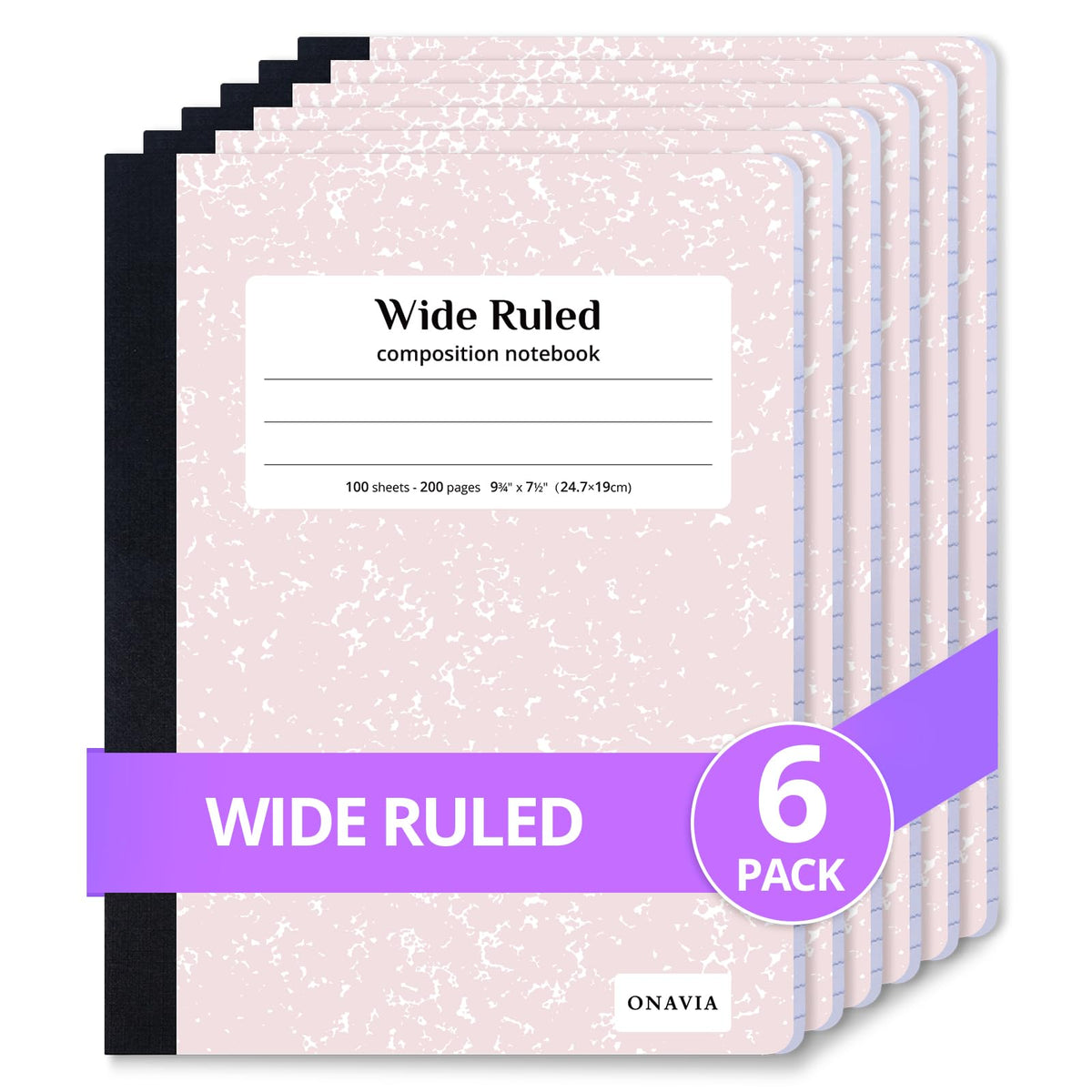 ONAVIA Composition Notebook Wide Ruled 6 Pack, 200 Pages, Marble Black