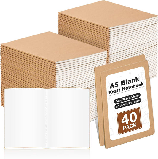 40 Pack Blank Kraft Notebooks, A5 Unlined Sketchbook Bulk, 8.3 X 5.5 Inch