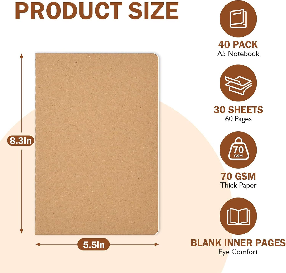 40 Pack Blank Kraft Notebooks, A5 Unlined Sketchbook Bulk, 8.3 X 5.5 Inch