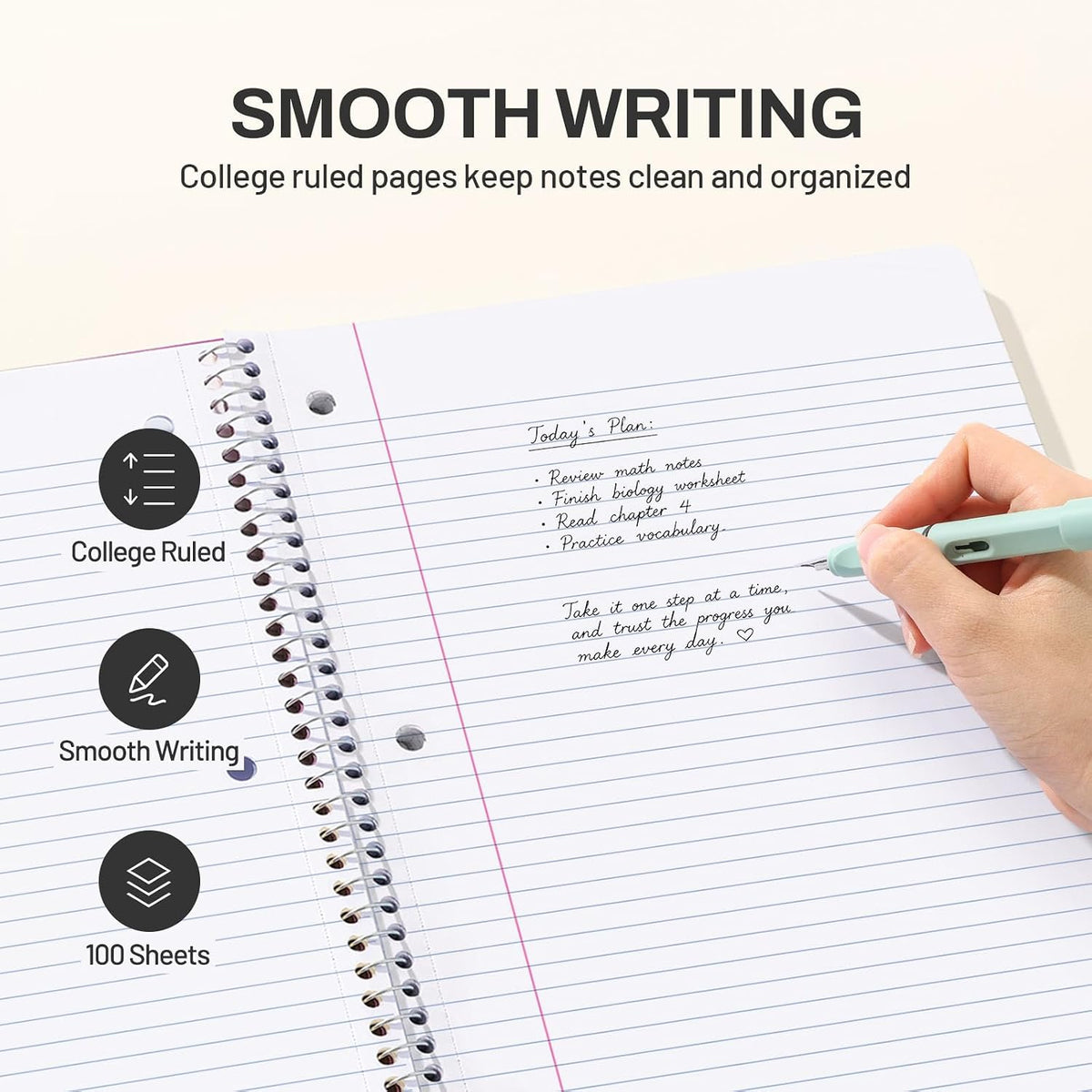 SUNEE Spiral Notebook, 1-Subject, College Ruled Paper, 8" x 10-1/2", 100 Sheets per Notebook, 3-Hole Punched Paper, Water Resistant Cover, Double-sided Pockets, Spiral Lined Notebooks for Work, Black