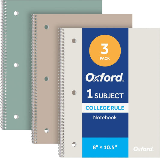 Oxford Spiral Notebooks, 3 Pack, College Ruled, 70 Sheets, Earthtone Covers