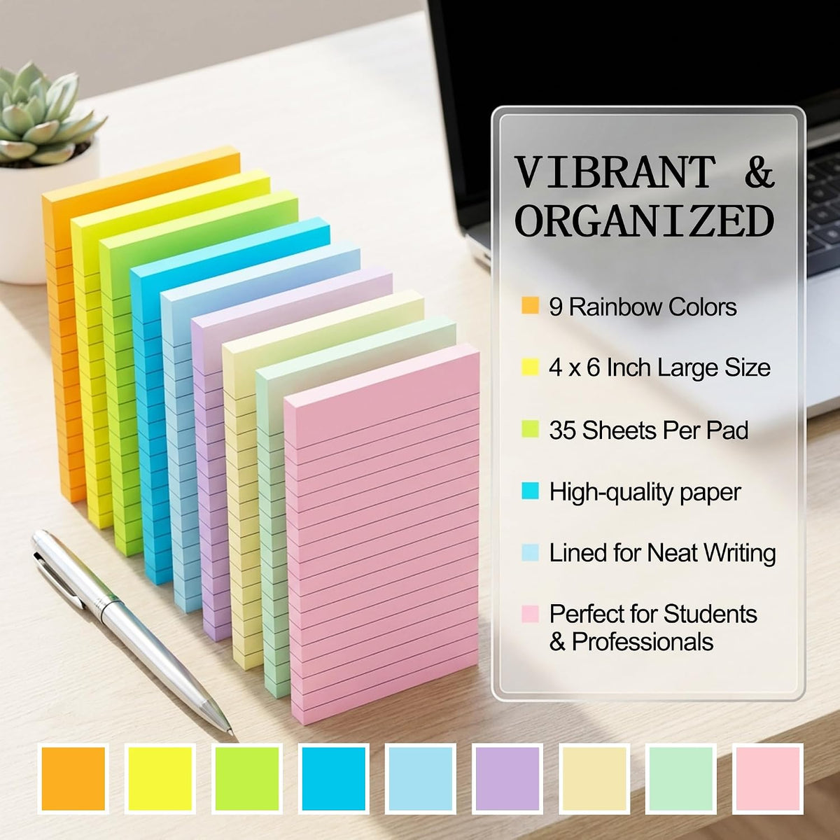 Lined Sticky Notes 4x6 in, Strong Adhesive Self Stick Note Pads