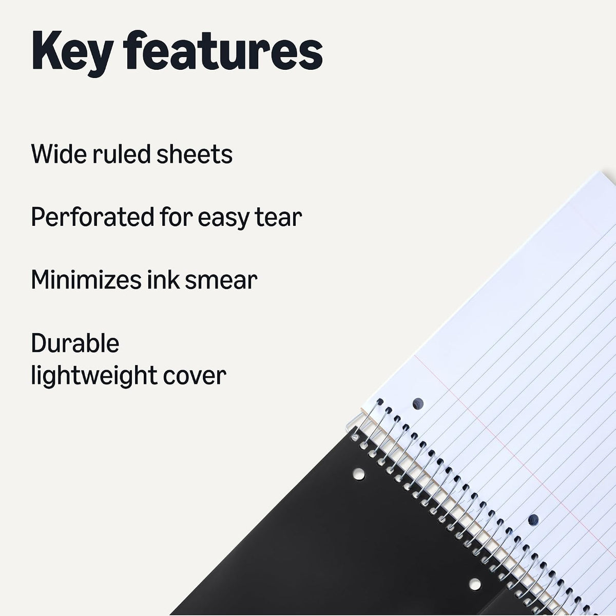 Amazon Basics Wide Ruled Spiral Notebook, Poly Cover, 5 Subject, For Work and School, 200 Sheets, 8.5" x 10.5", Black, 1-Pack
