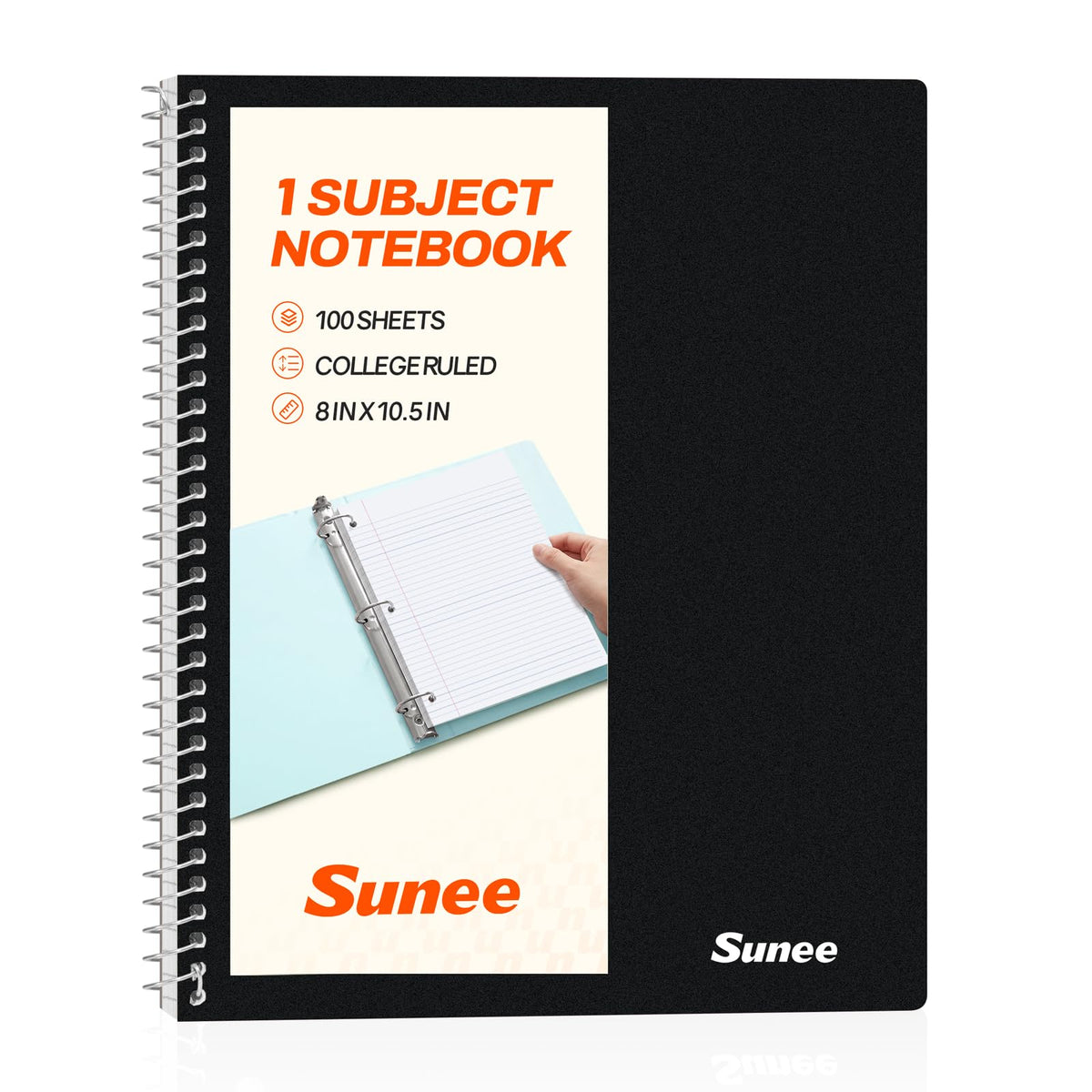 SUNEE Spiral Notebook, 1-Subject, College Ruled Paper, 8" x 10-1/2", 100 Sheets per Notebook, 3-Hole Punched Paper, Water Resistant Cover, Double-sided Pockets, Spiral Lined Notebooks for Work, Black