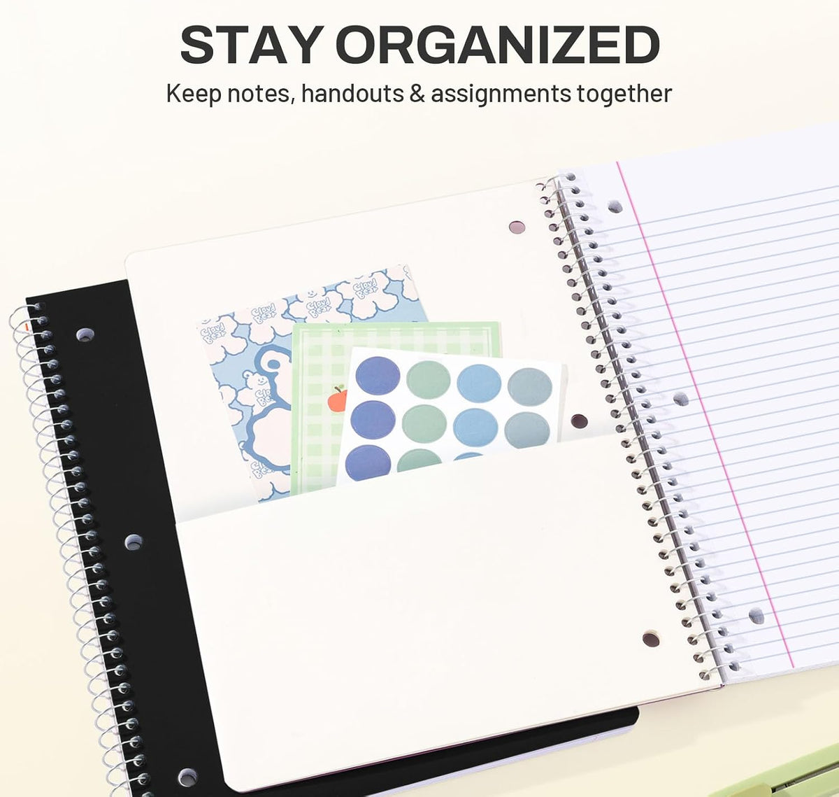 SUNEE Spiral Notebook, 1-Subject, College Ruled Paper, 8" x 10-1/2", 100 Sheets per Notebook, 3-Hole Punched Paper, Water Resistant Cover, Double-sided Pockets, Spiral Lined Notebooks for Work, Black