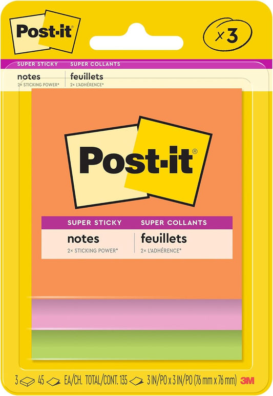 Post-it Super Sticky Notes, 3 x 3 in, Neon Fizz, 3 Pads, 45 Sheets/Pad