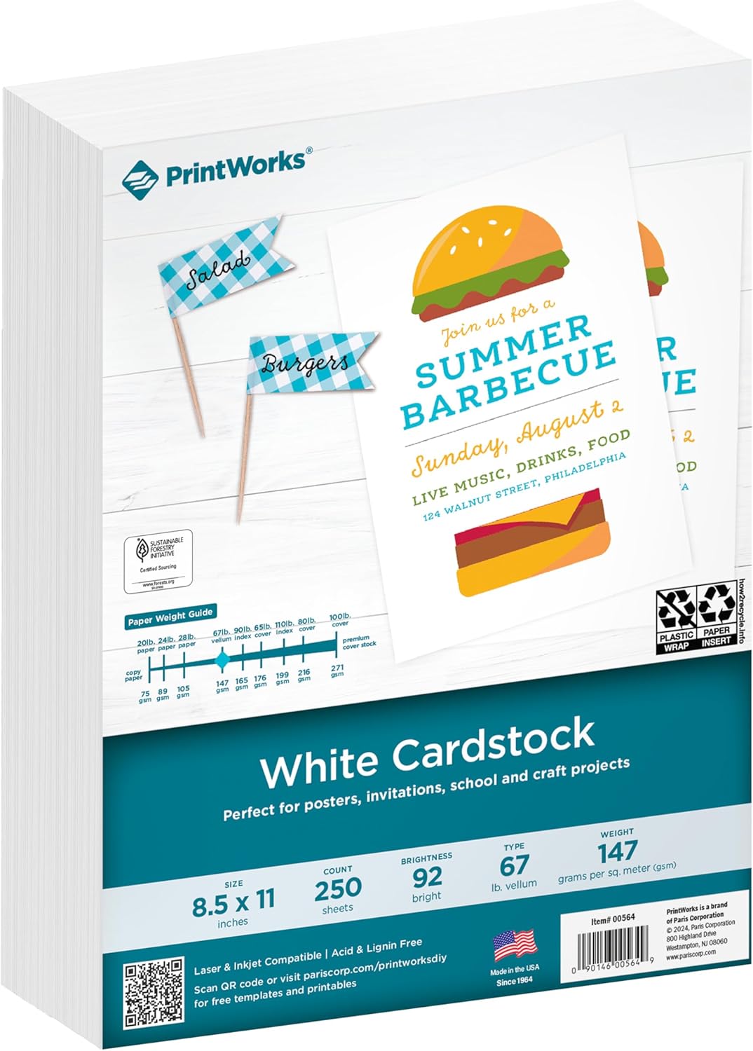 PrintWorks White Cardstock 8.5" x 11" - 67 lb/147 gsm Vellum Bristol - 250 Sheets - Made in the USA - SFI® Certified - 92 Bright - Card Stock Printer Paper for School, Craft, & Office Use (00564)