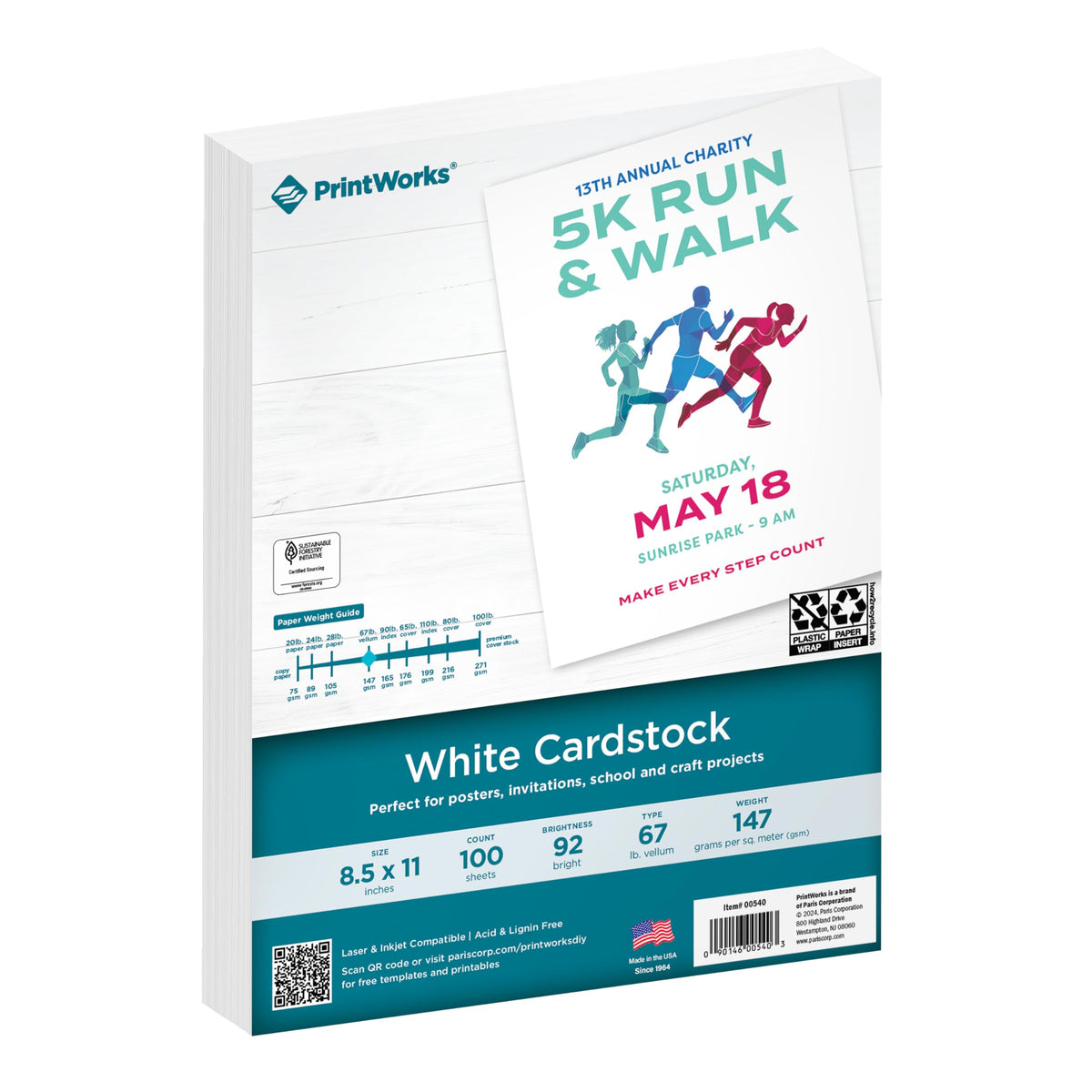 PrintWorks White Cardstock 8.5" x 11" - 67 lb/147 gsm Vellum Bristol - 100 Sheets - Made in the USA - SFI® Certified - 92 Bright - Card Stock Printer Paper for School, Craft, & Office Use (00540)