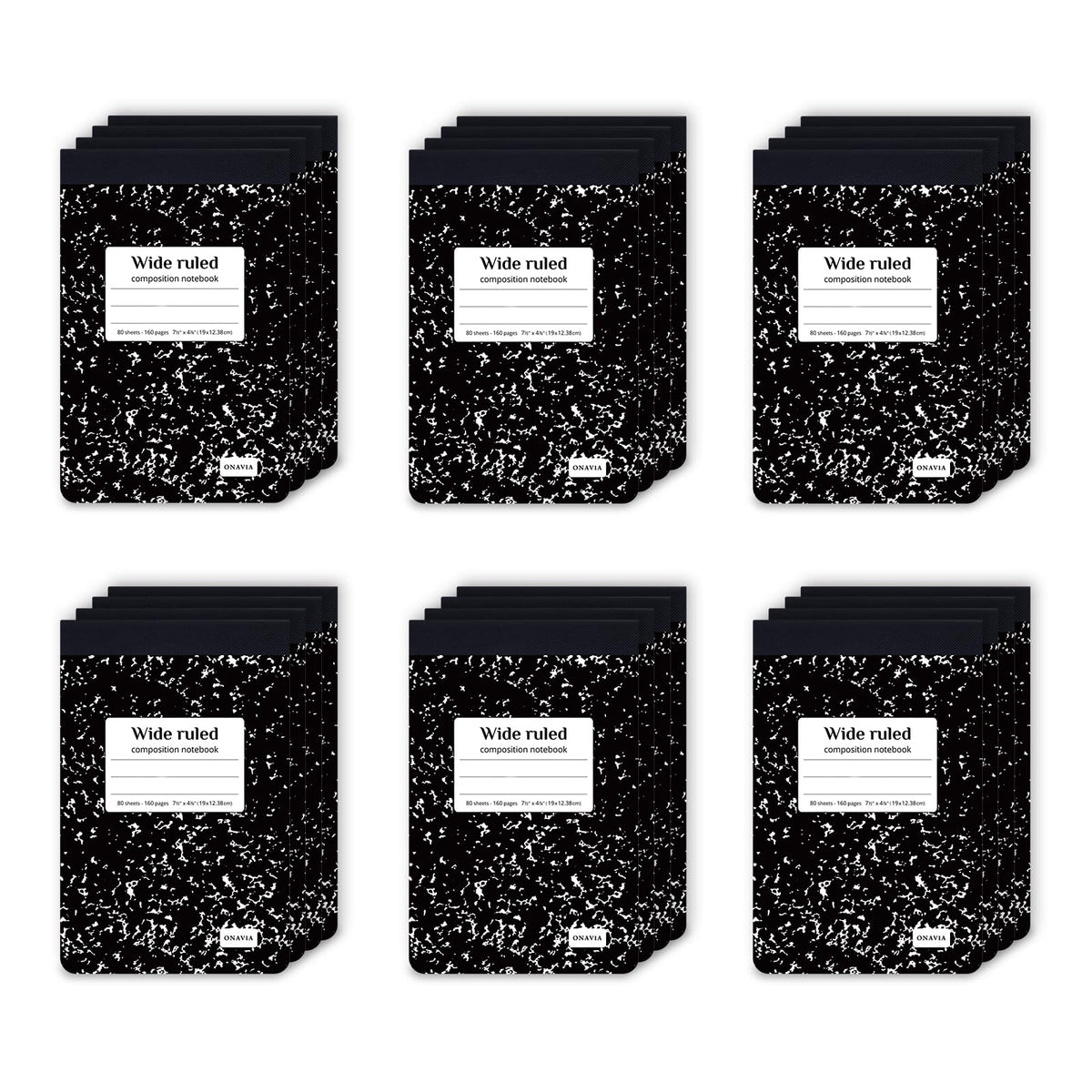 ONAVIA Composition Notebook Wide Ruled 6 Pack, 200 Pages, Marble Black