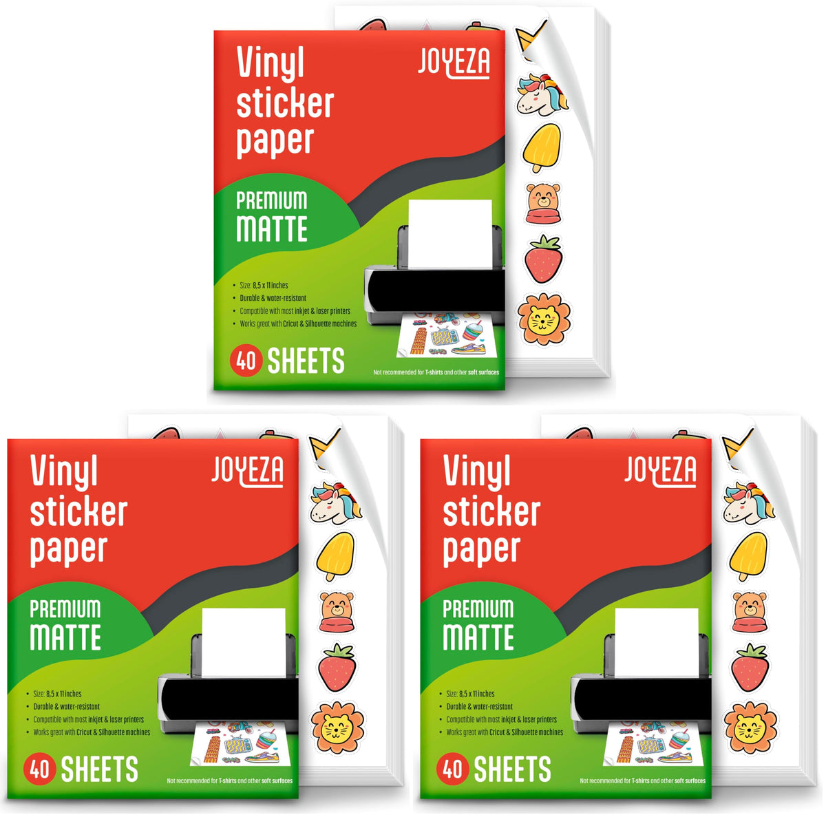 JOYEZA Premium Printable Vinyl Sticker Paper for Inkjet Printer - 25 Sheets Matte White Waterproof, Dries Quickly Vivid Colors, Holds Ink well- Tear Resistant - Inkjet & Laser Printer