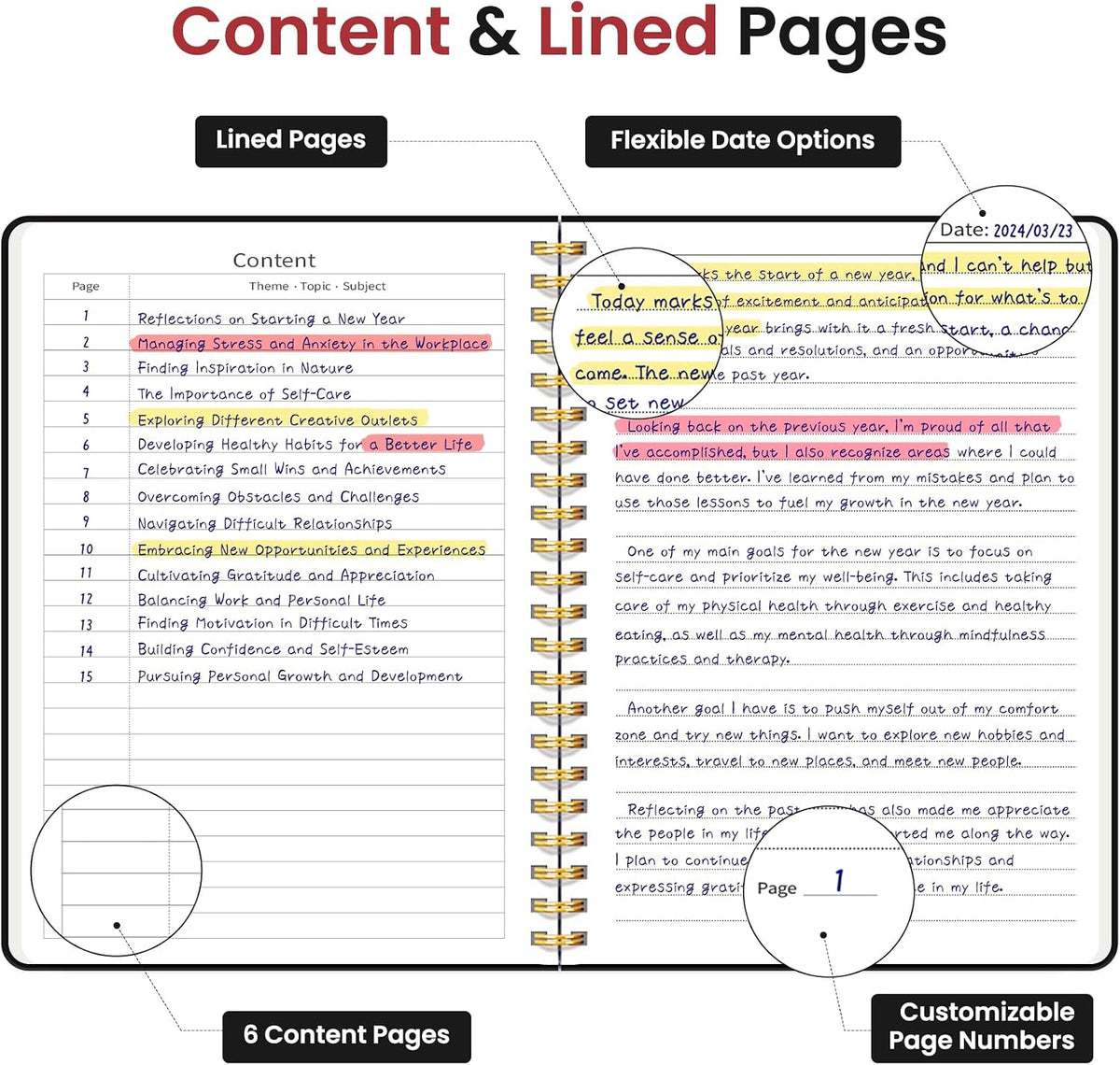 Taja 6 Pack Lined Notebooks for Work Hardcover Spiral Journal for Office