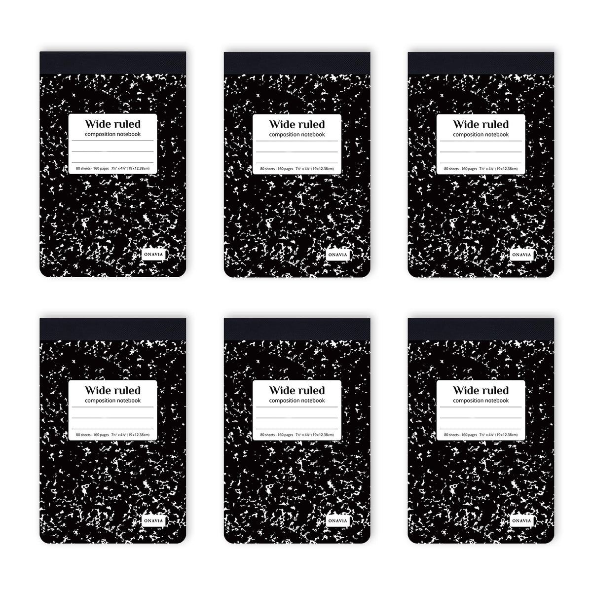 ONAVIA Composition Notebook Wide Ruled 6 Pack, 200 Pages, Marble Black