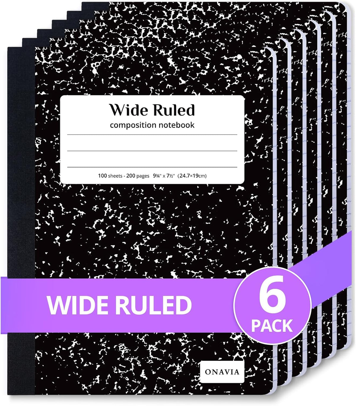 ONAVIA Composition Notebook Wide Ruled 6 Pack, 200 Pages, Marble Black