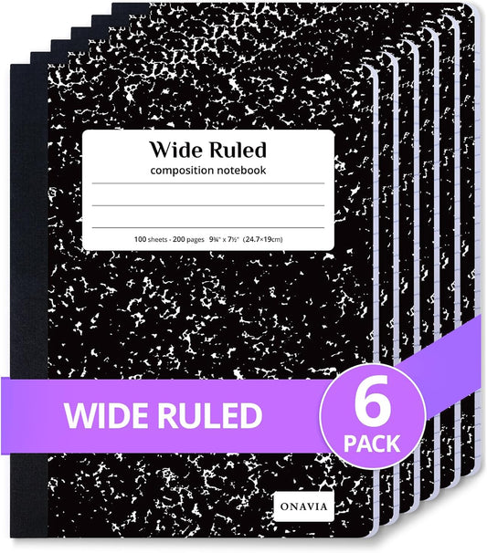 ONAVIA Composition Notebook Wide Ruled 6 Pack, 200 Pages, Marble Black
