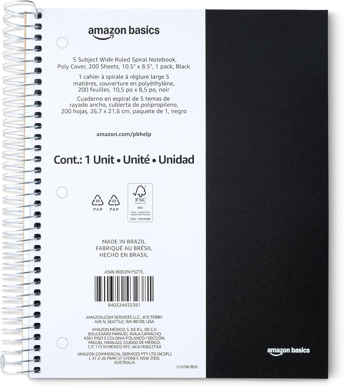 Amazon Basics Wide Ruled Spiral Notebook, Poly Cover, 5 Subject, For Work and School, 200 Sheets, 8.5" x 10.5", Black, 1-Pack
