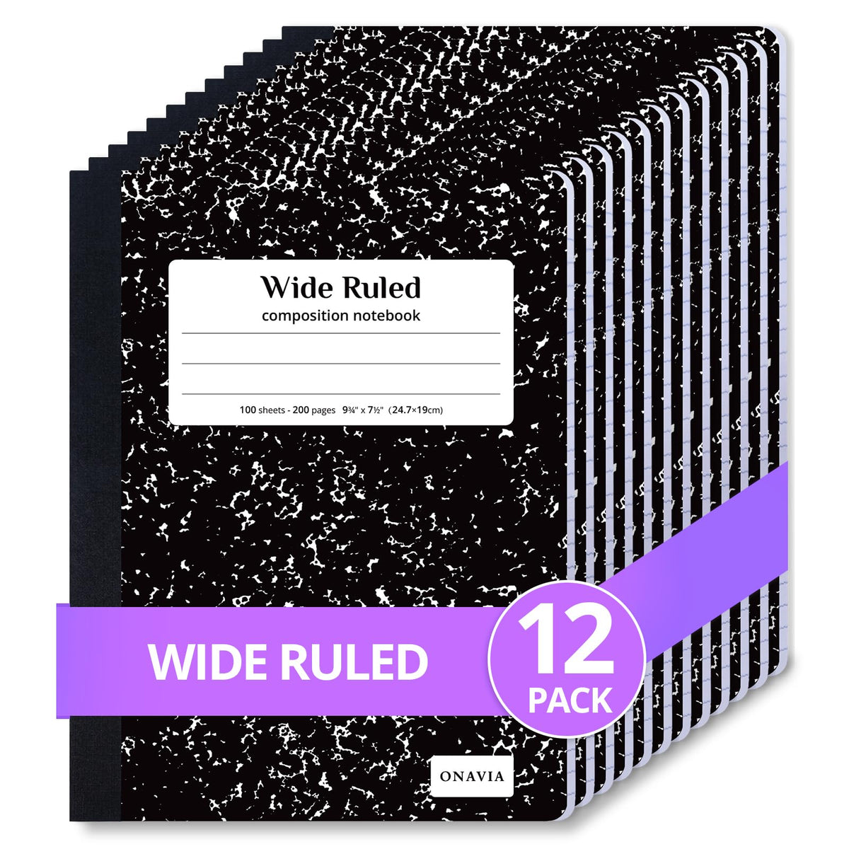 ONAVIA Composition Notebook Wide Ruled 6 Pack, 200 Pages, Marble Black
