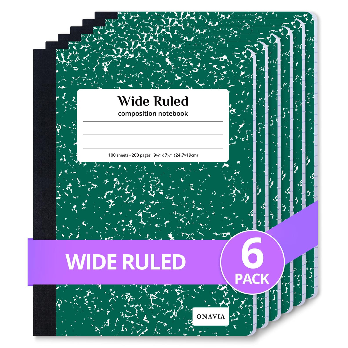 ONAVIA Composition Notebook Wide Ruled 6 Pack, 200 Pages, Marble Black