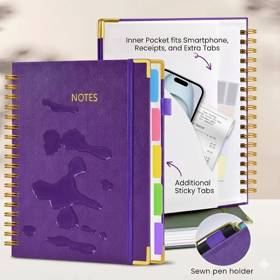 A5 spiral-bound notebook with 5 detachable divider pages and extra sticky labels; a high-quality faux leather lined notebook with 300 sheets, made from 100 g paper, suitable for office use, campus care record keeping, and everyday note-taking; dimensions: