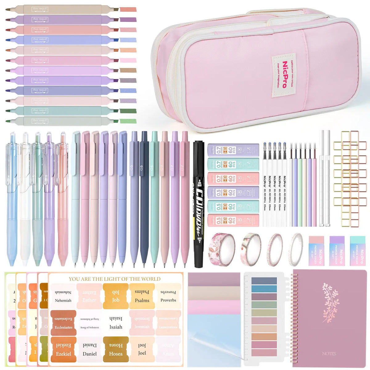 Nicpro 76PCS Aesthetic Christian Women's Bible Study Kit - Tabs, Notebook, Highlighter, Mechanical Pencils, Pencil Pouch - Cute Back to School Haul Supplies, College Essentials (Office Stationery)