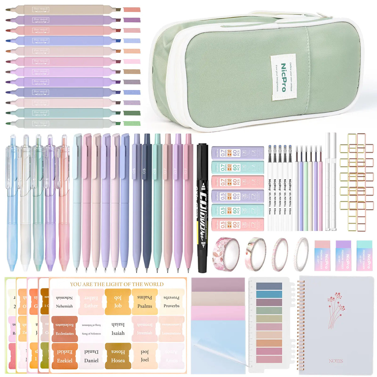 Nicpro 76PCS Aesthetic Christian Women's Bible Study Kit - Tabs, Notebook, Highlighter, Mechanical Pencils, Pencil Pouch - Cute Back to School Haul Supplies, College Essentials (Office Stationery)