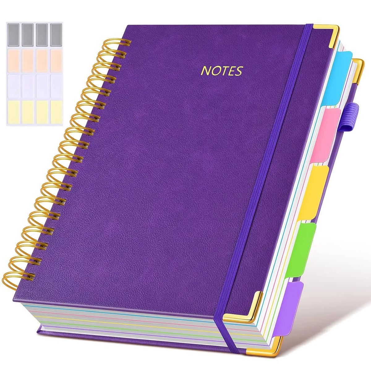 A5 spiral-bound notebook with 5 detachable divider pages and extra sticky labels; a high-quality faux leather lined notebook with 300 sheets, made from 100 g paper, suitable for office use, campus care record keeping, and everyday note-taking; dimensions: